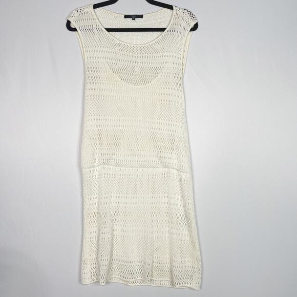Tibi Medium M Cream Crochet Sleeveless Blouson Drop Waist Dress Tank Liner Scoop - Picture 1 of 11